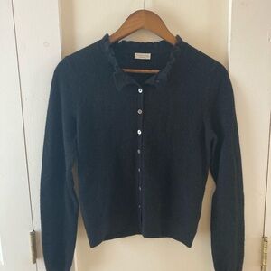 Garnet Hill Shimmering Cashmere Ruffle-Neck Cardigan Black XS